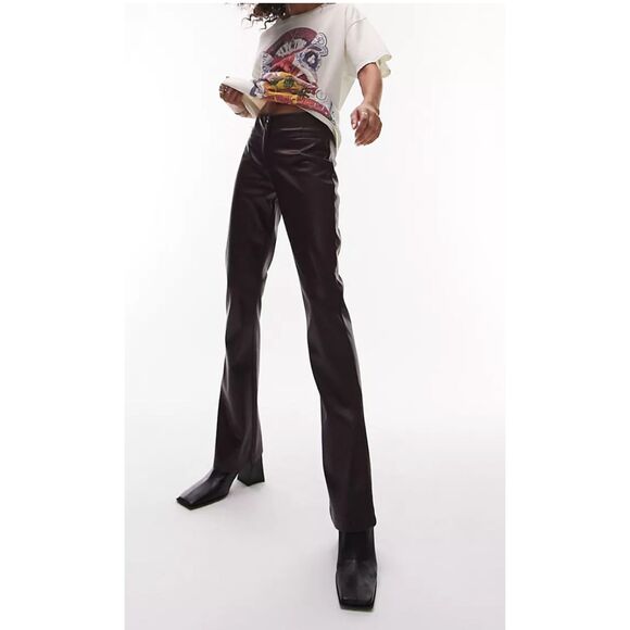 Topshop Vegan Leather Flared Pants Burgundy Size 6 - Picture 7 of 8